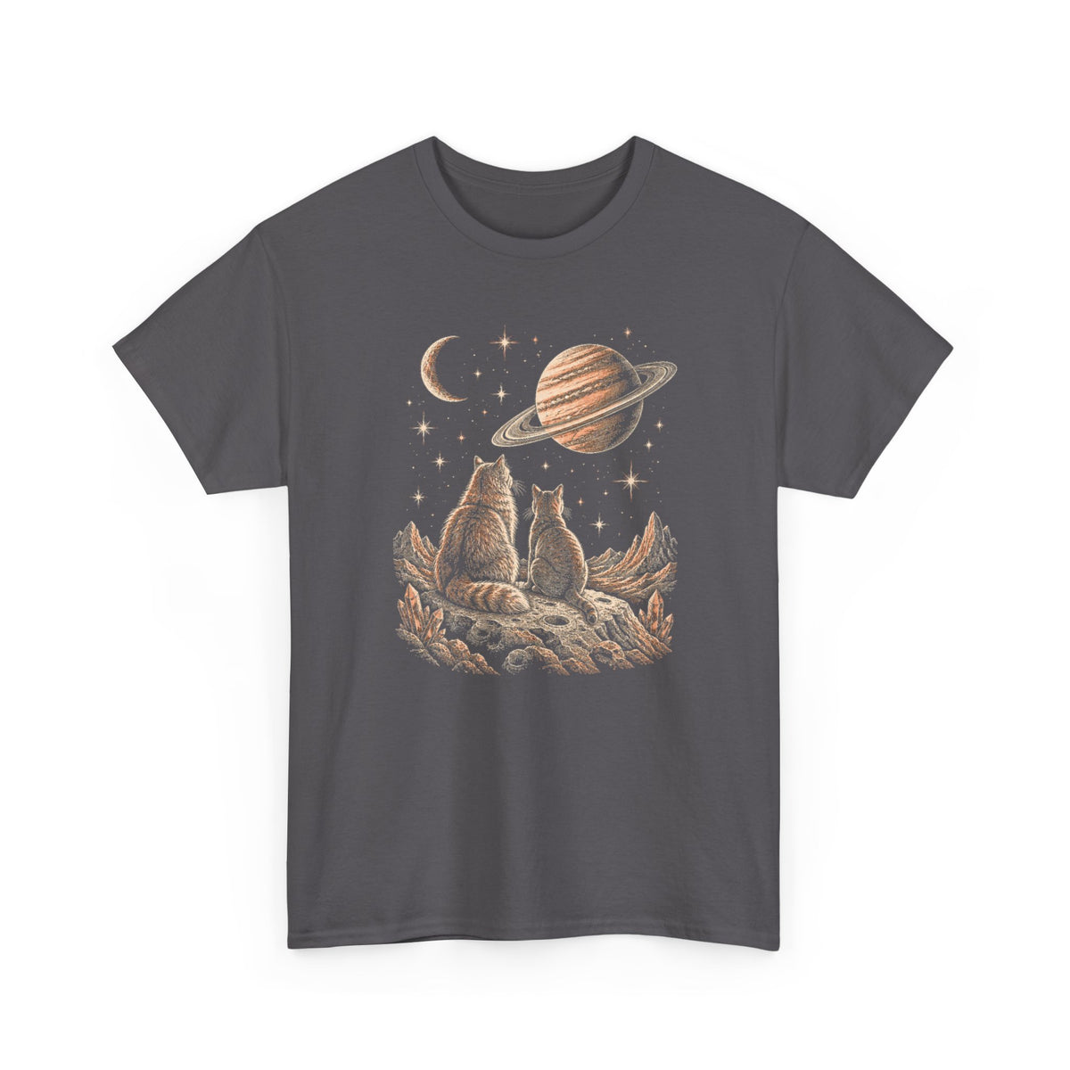 Celestial Space Cats T-Shirt Vintage Woodcut Cats Watching Stars Moon Saturn Tee
