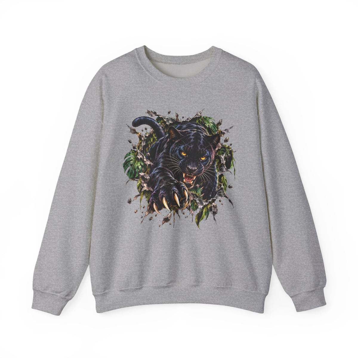 Black Jaguar Sweatshirt Snarling Big Cat Jungle Leaves Crewneck