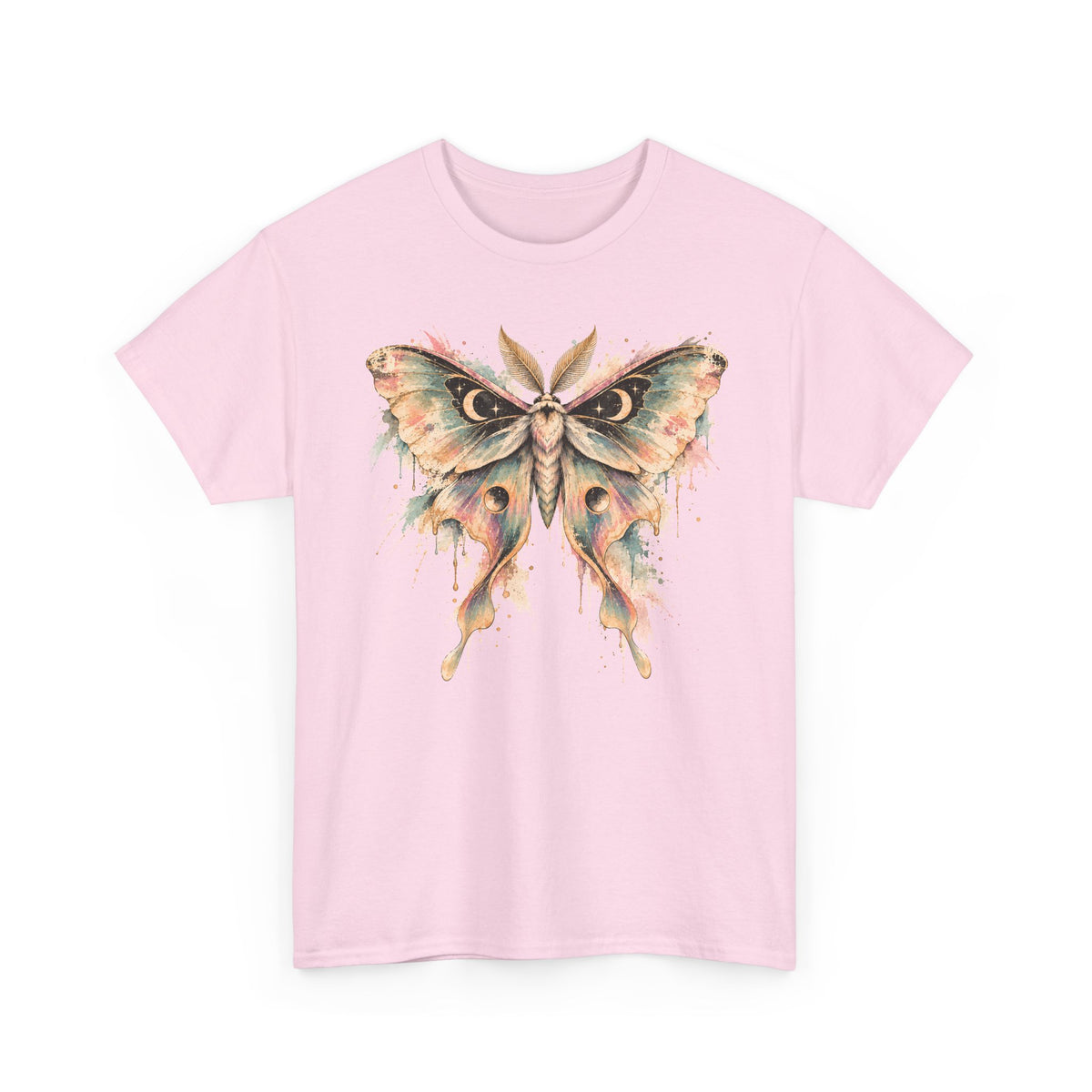 Celestial Luna Moth T-Shirt, Pastel Watercolor Moth Crescent Moon Stars Paint Drip Graphic Tee Unisex