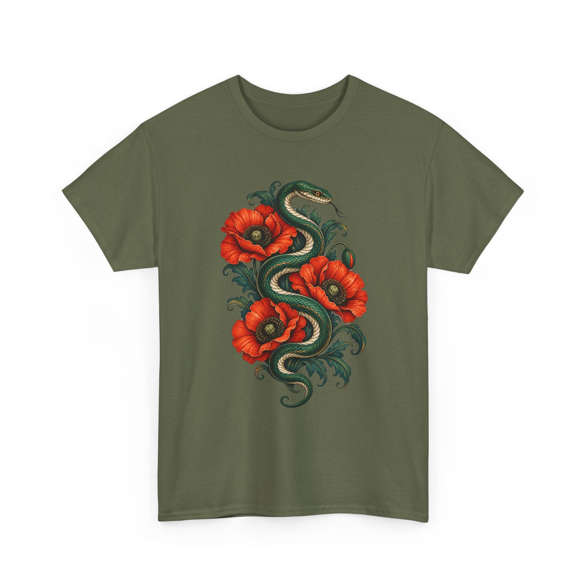 Green Snake Red Poppies T-Shirt Botanical Serpent Floral Tee
