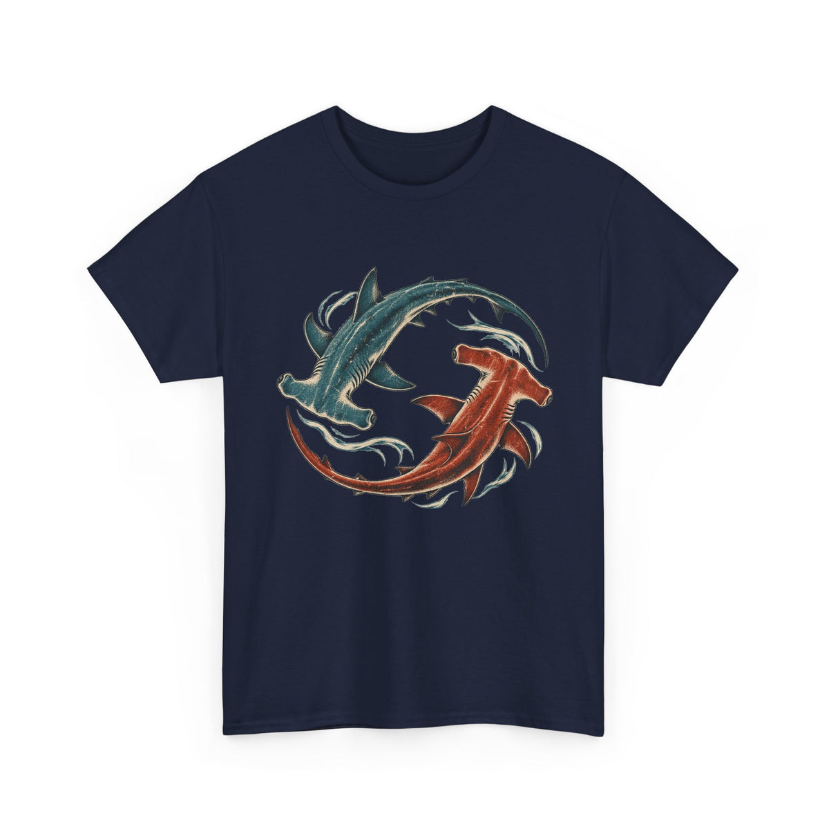 Twin Hammerhead Sharks T-Shirt Teal Orange Yin Yang Ocean Tee