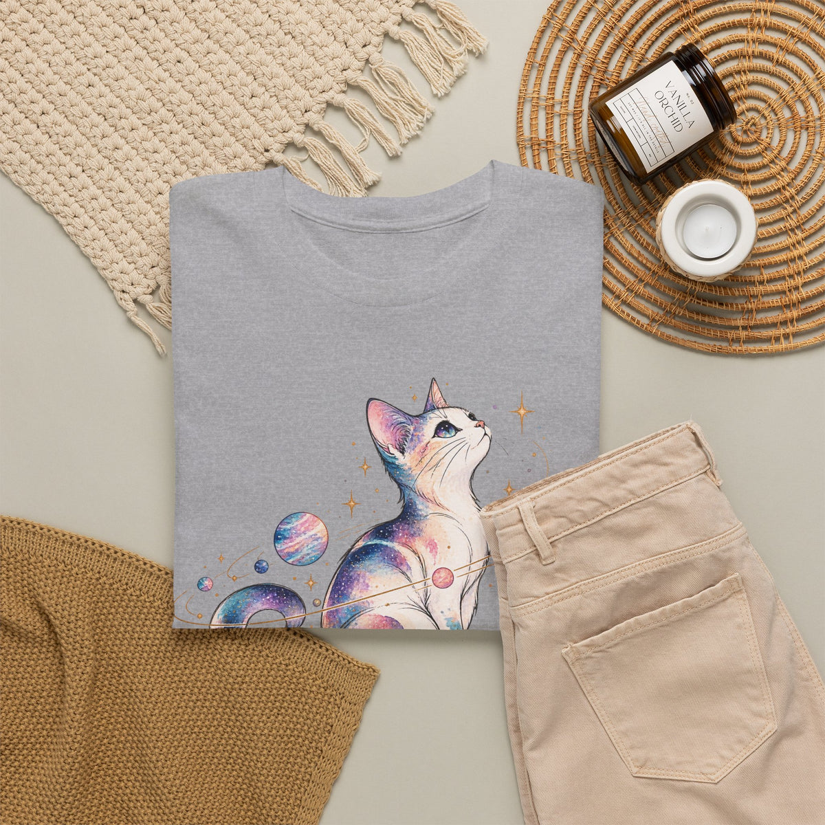 Cosmic Galaxy Cat T-Shirt, Pastel Watercolor Cat Planets Gold Stars Celestial Graphic Tee Unisex