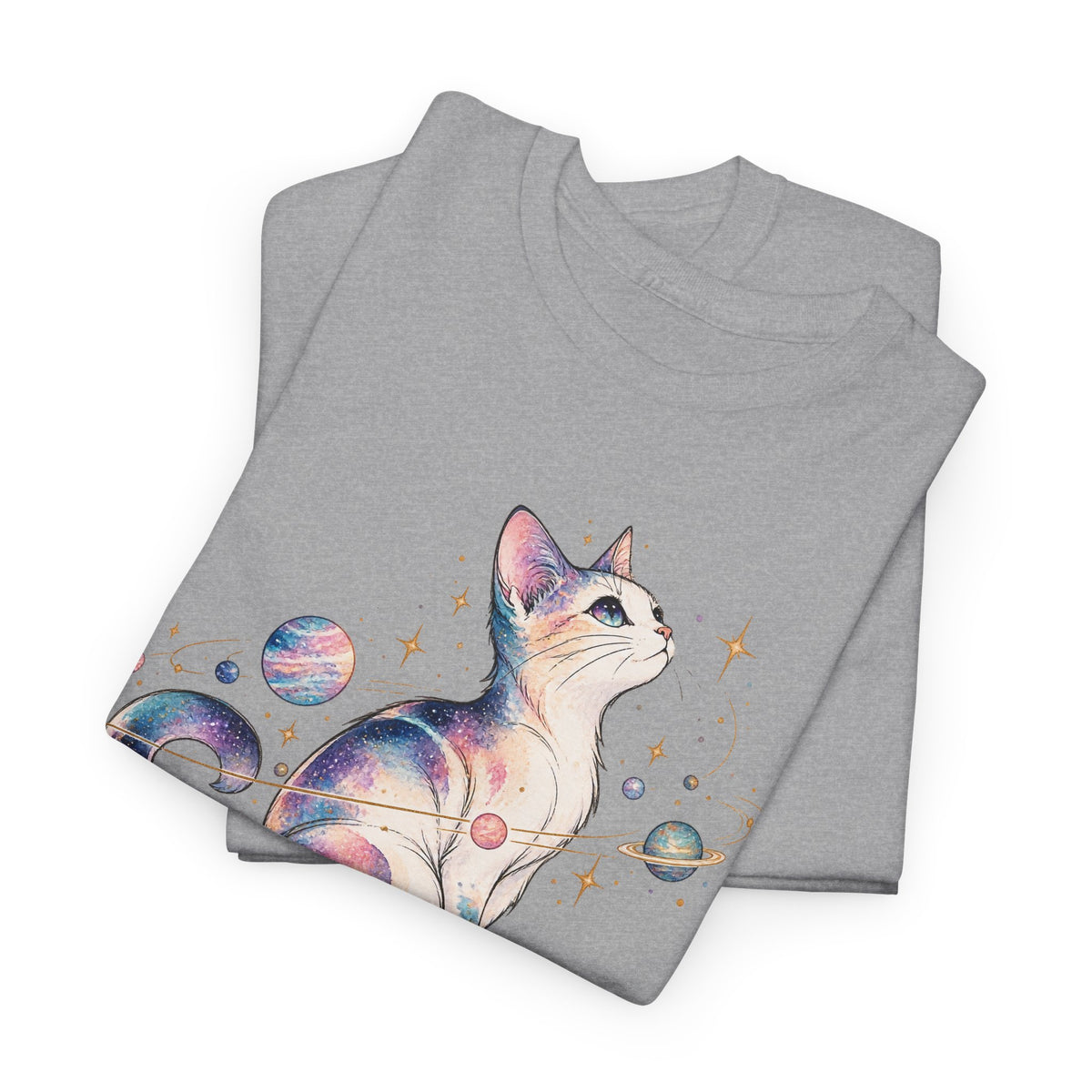 Cosmic Galaxy Cat T-Shirt, Pastel Watercolor Cat Planets Gold Stars Celestial Graphic Tee Unisex