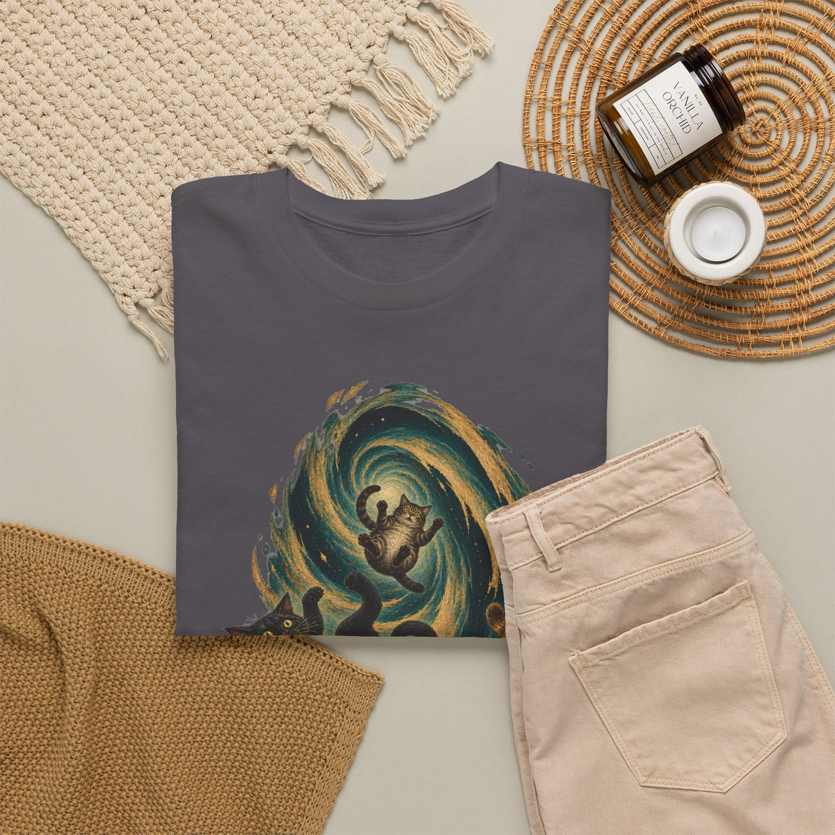 Celestial Cats Vortex T-Shirt Swirling Tabby Cats Galaxy Dark Tee