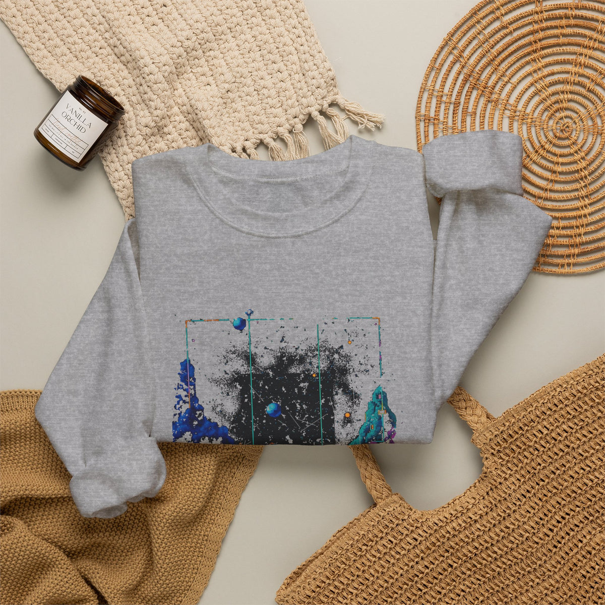 Retro Space Dog Sweatshirt, Distressed Synthwave Galaxy Puppy Crewneck, Rainbow Grid Cosmic Dog Pullover
