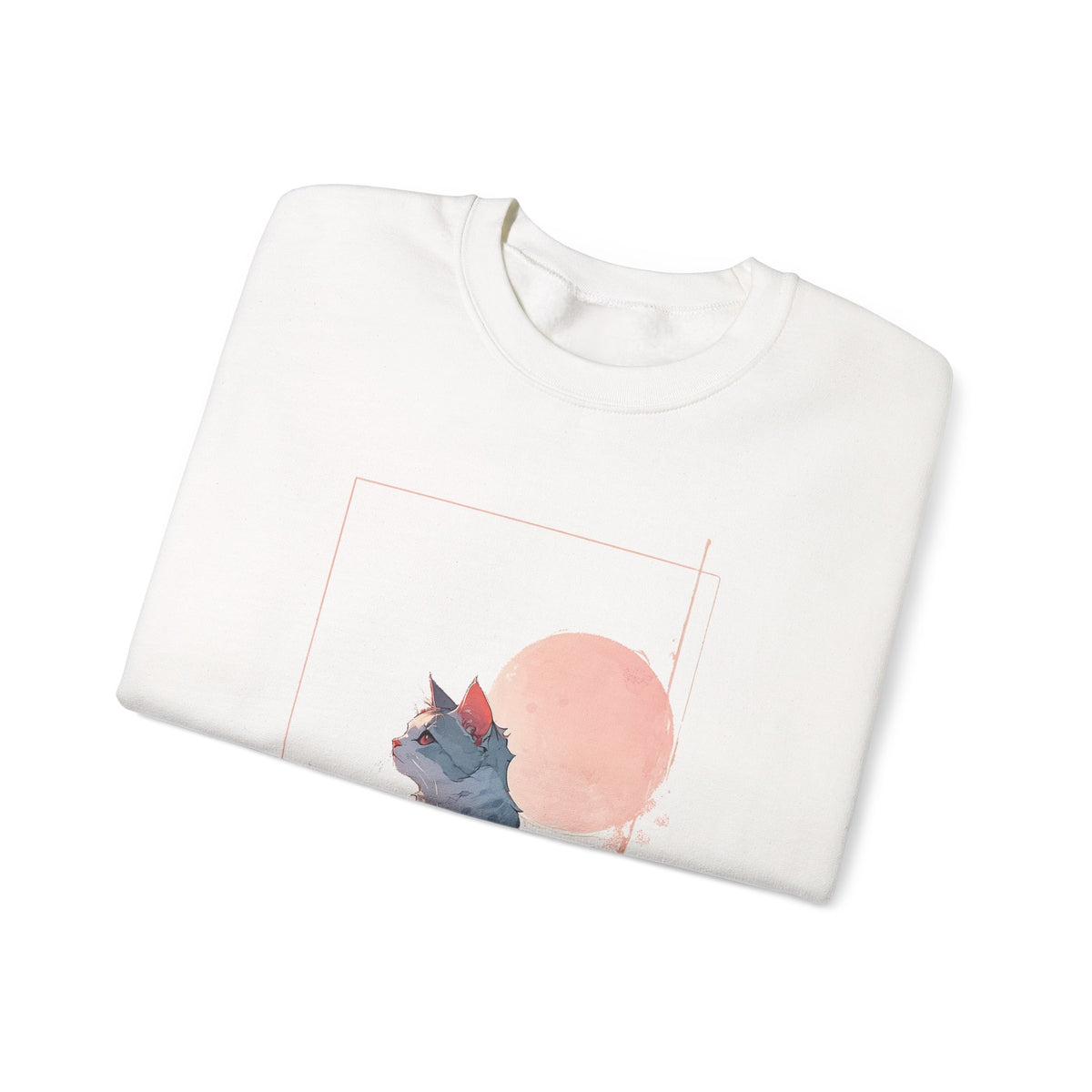 Watercolor Cat Sweatshirt, Minimalist Pink Sun Cat Crewneck, Japanese Style Cat Lover Pullover
