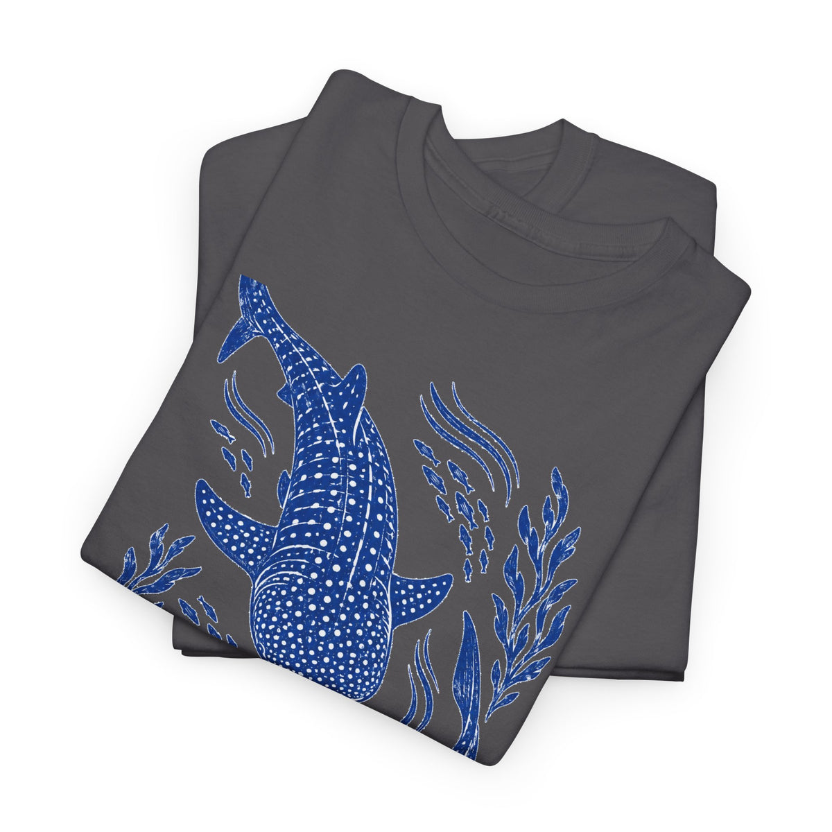 Whale Shark Linocut T-Shirt Blue Block Print Ocean Seaweed Fish Tee