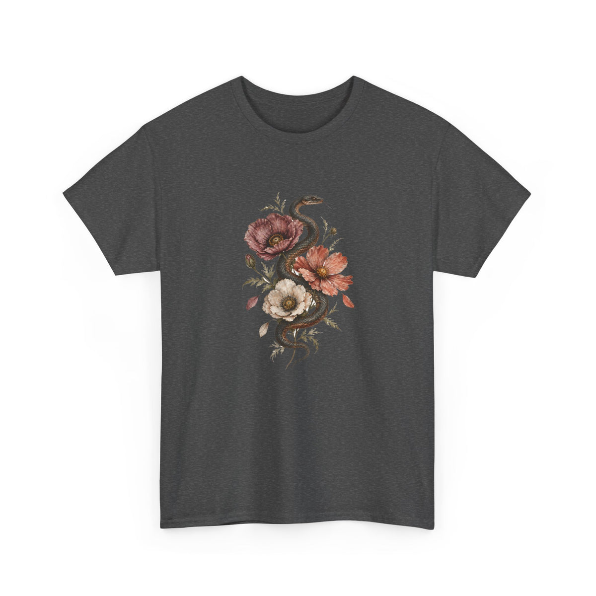 Snake and Poppies T-Shirt Vintage Botanical Serpent Flower Tattoo Style Tee