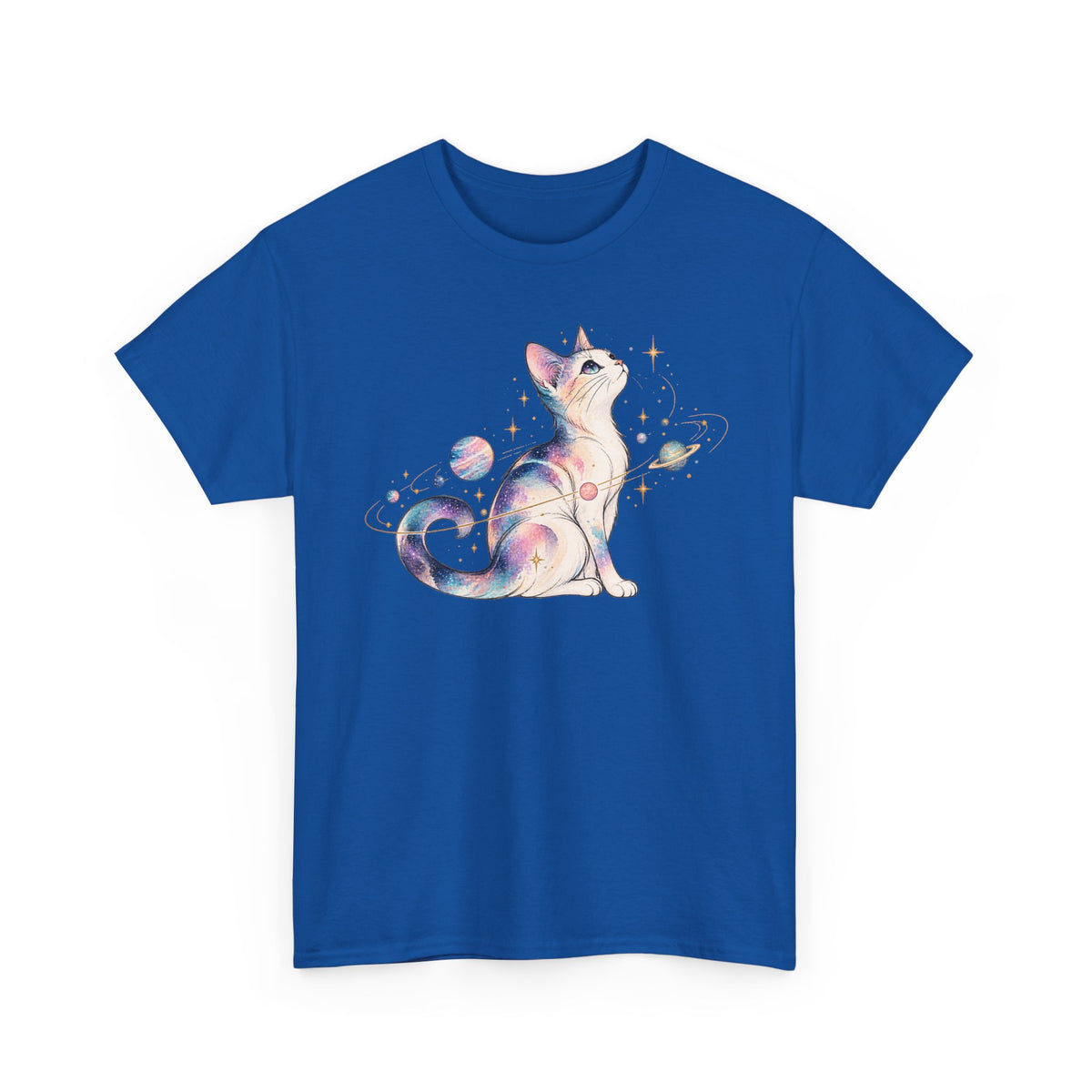 Cosmic Galaxy Cat T-Shirt, Pastel Watercolor Cat Planets Gold Stars Celestial Graphic Tee Unisex