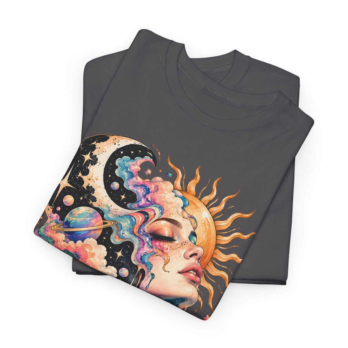 Celestial Sun and Moon Woman T-Shirt, Pastel Cloud Hair Melting Drip Planets Stars Graphic Tee Unisex