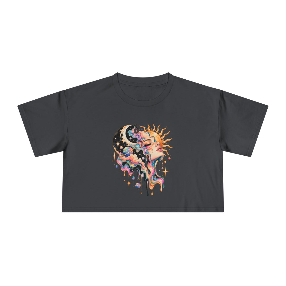 Celestial Sun and Moon Woman Crop Tee, Pastel Cloud Hair Melting Drip Planets Stars Women's Cropped T-Shirt