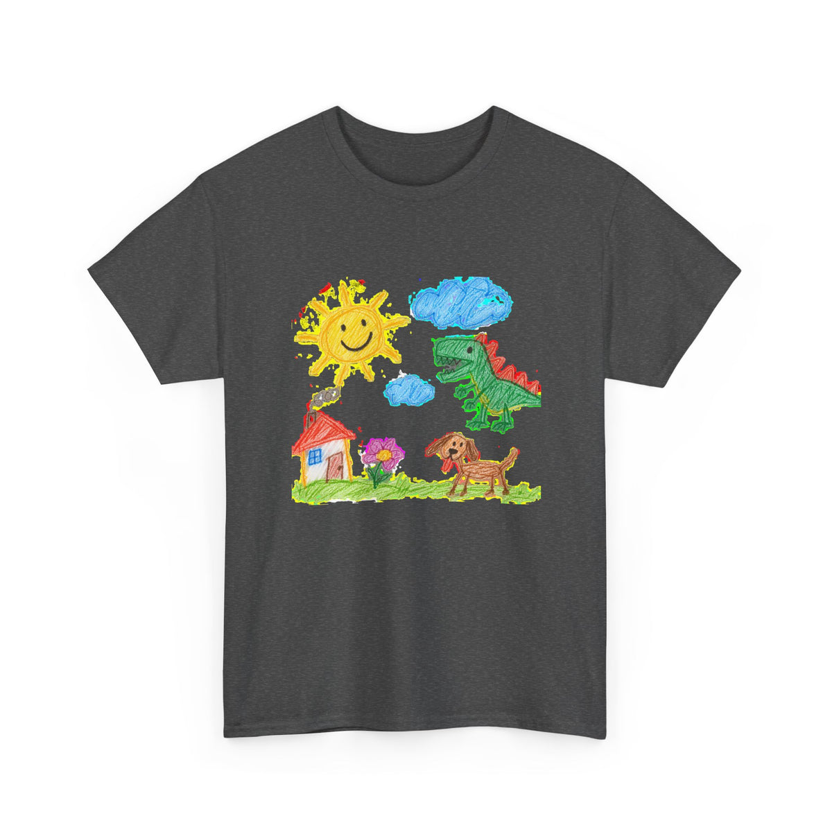 Kids Crayon Drawing T-Shirt Dinosaur Dog Sun House Cute Childlike Art Tee