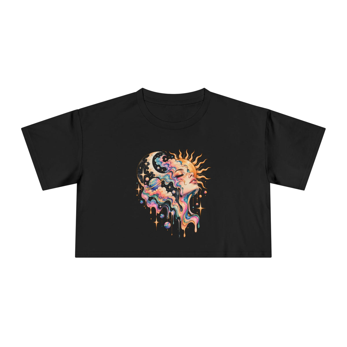 Celestial Sun and Moon Woman Crop Tee, Pastel Cloud Hair Melting Drip Planets Stars Women's Cropped T-Shirt