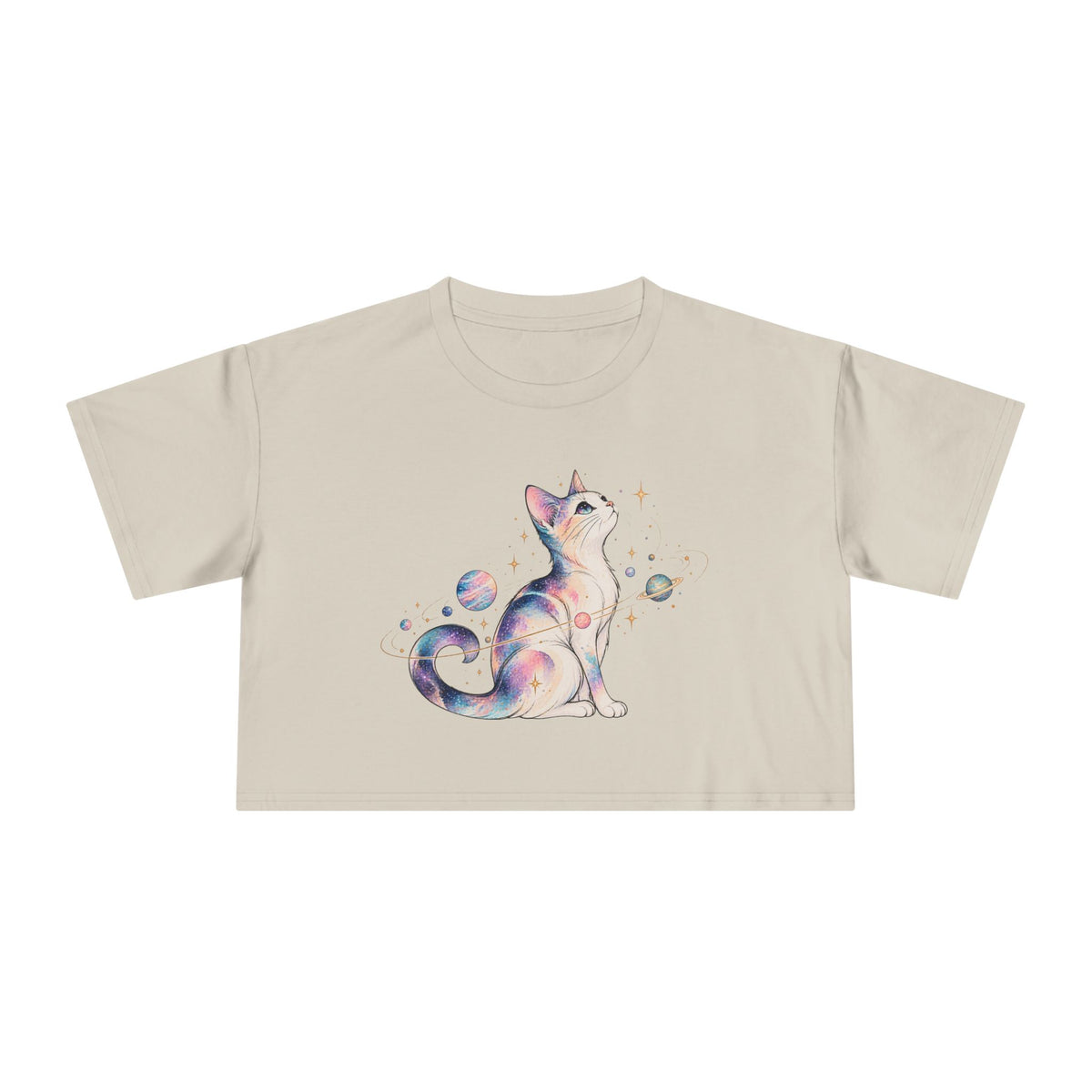 Cosmic Galaxy Cat Crop Tee, Pastel Watercolor Cat Planets Gold Stars Celestial Women's Cropped T-Shirt