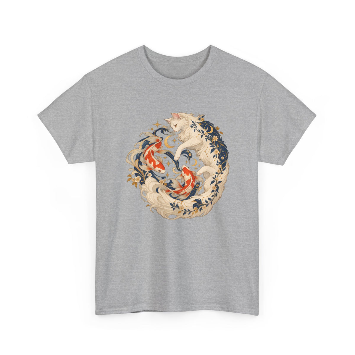 White Cat Koi Celestial T-Shirt Yin Yang Floral Cat Fish Tee