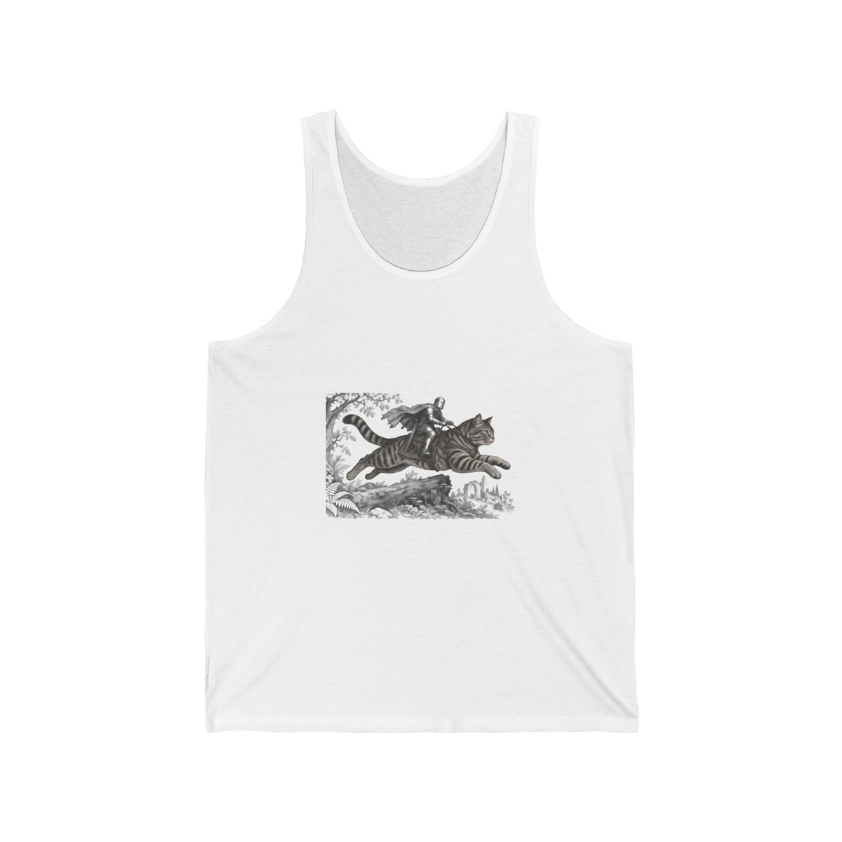 Medieval Knight Riding Leaping Tabby Cat Tank Top Dark Fantasy Moonlit Cat Tank