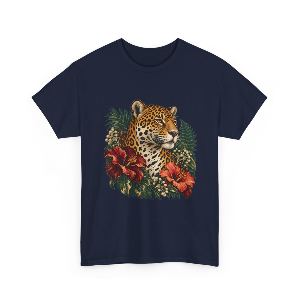 Jaguar Hibiscus Tropical T-Shirt Big Cat Floral Portrait Tee