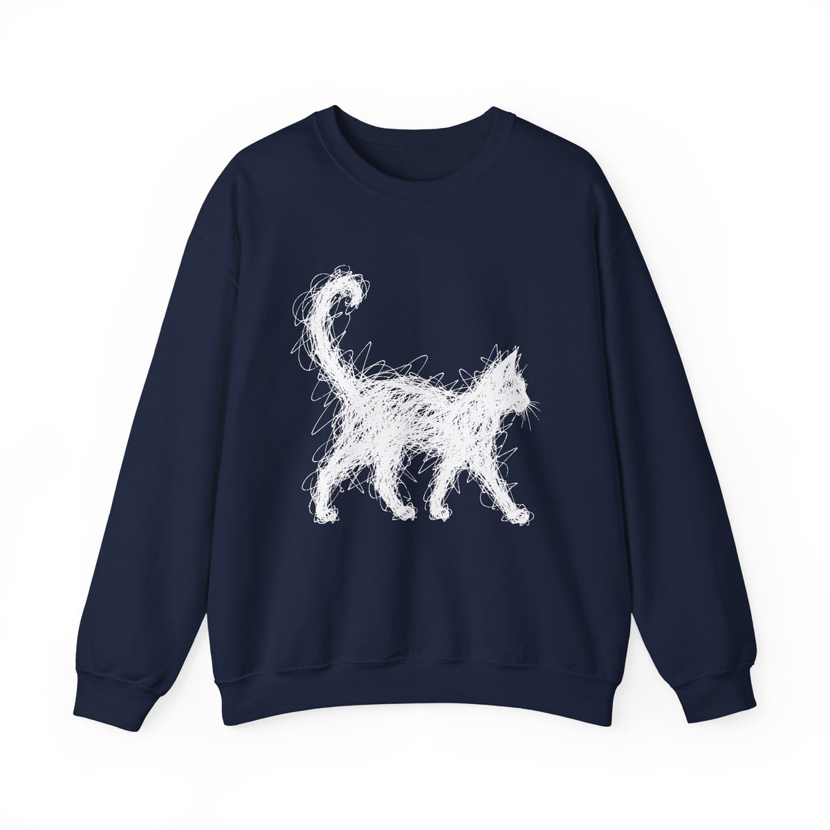 Scribble White Cat on Black Sweatshirt Minimal Line Art Cat