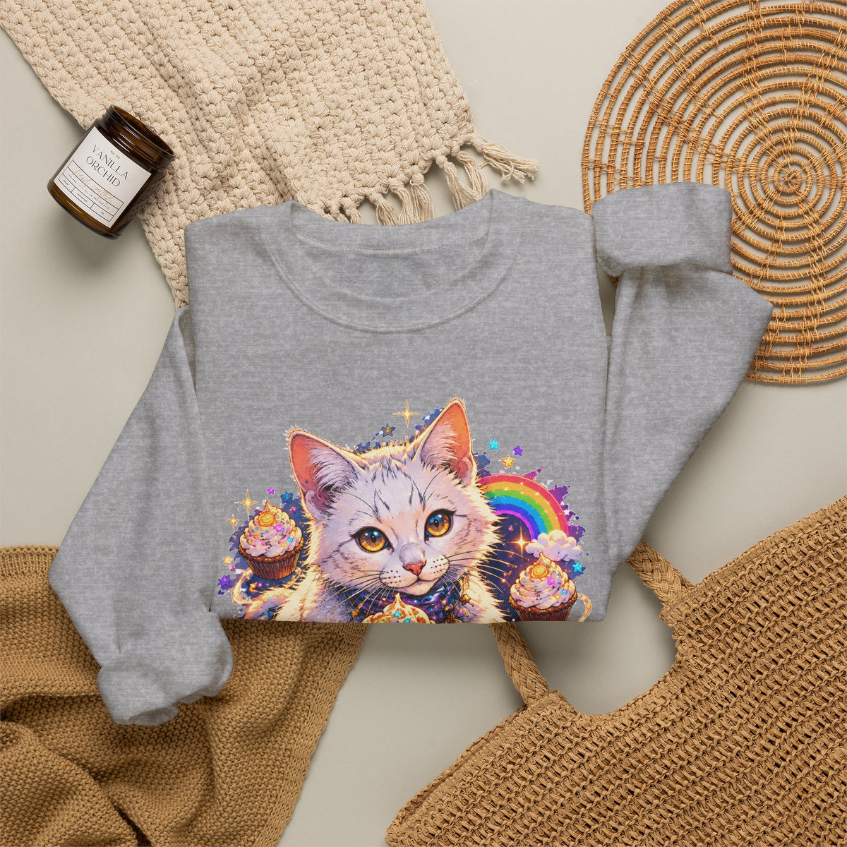 Birthday Cat Cupcake Crewneck Sweatshirt Cute White Kitten Rainbow Sprinkles Party Art