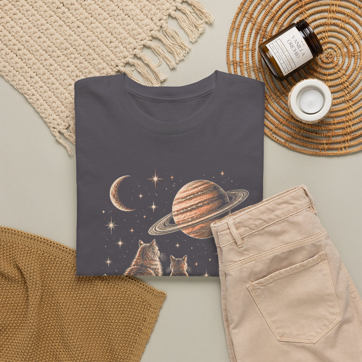 Celestial Space Cats T-Shirt Vintage Woodcut Cats Watching Stars Moon Saturn Tee