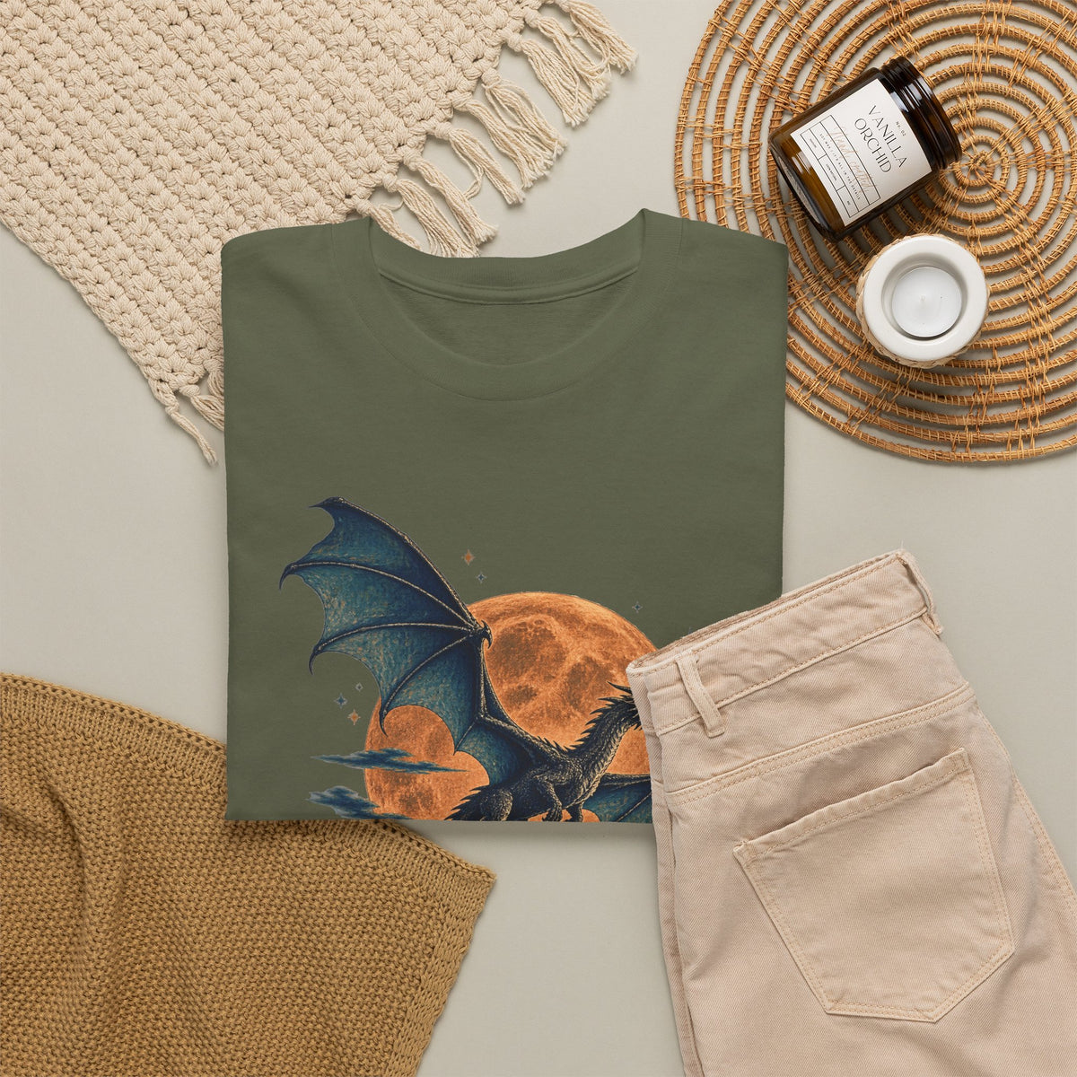 Dragon Full Moon Pine Forest T-Shirt Woodcut Fantasy Dragon Orange Moon Mountains Tee
