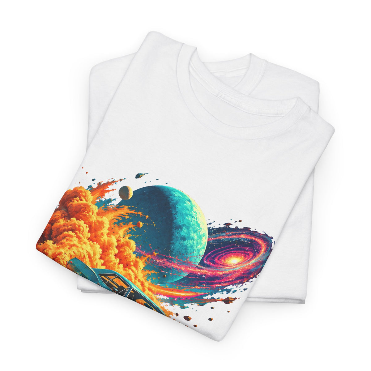 Cosmic Muscle Car Drift T-Shirt Teal Classic Car Orange Dust Planet Galaxy Art