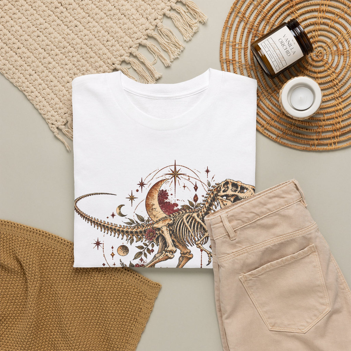Celestial T-Rex Skeleton T-Shirt, Dinosaur Fossil Moon Stars Graphic Tee Unisex Dark Academia Shirt