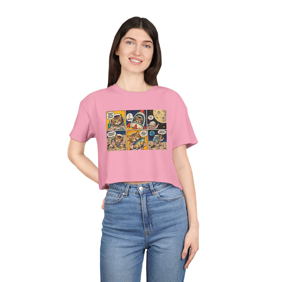 Astronaut Cat Comic Crop Tee, Space Cat Moon Mission Fish Funny Comic Strip Women's Cropped T-Shirt