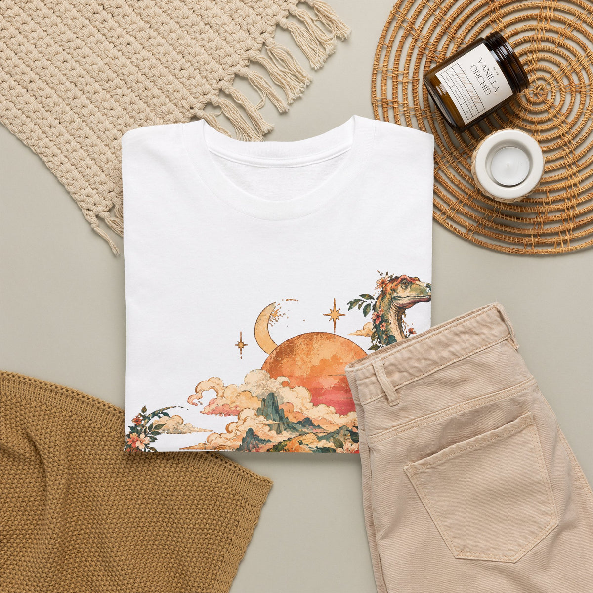 Floral Dinosaur T-Shirt, Vintage Brontosaurus Sunset Mountains Graphic Tee Unisex Nature Shirt