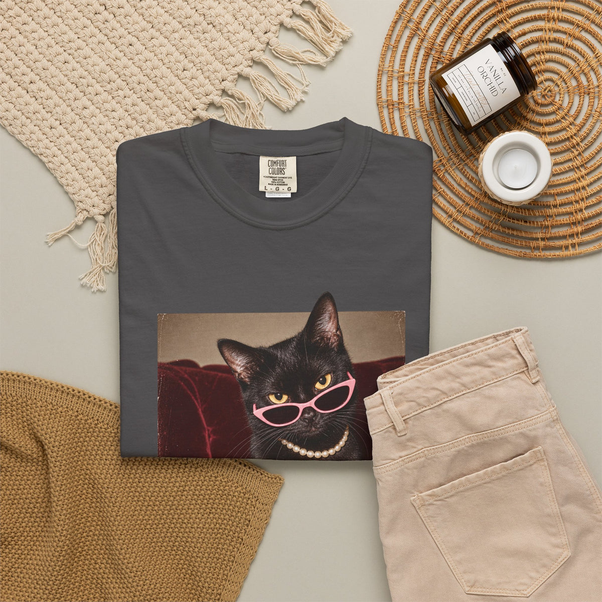 Respectfully What the Fluff Funny Cat Tee Black Cat Sunglasses Pearls Shirt