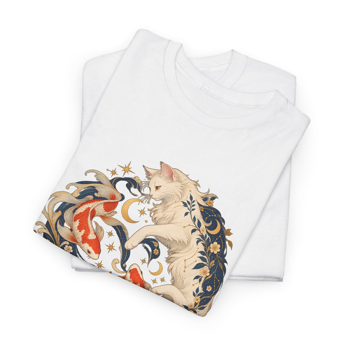 White Cat Koi Celestial T-Shirt Yin Yang Floral Cat Fish Tee