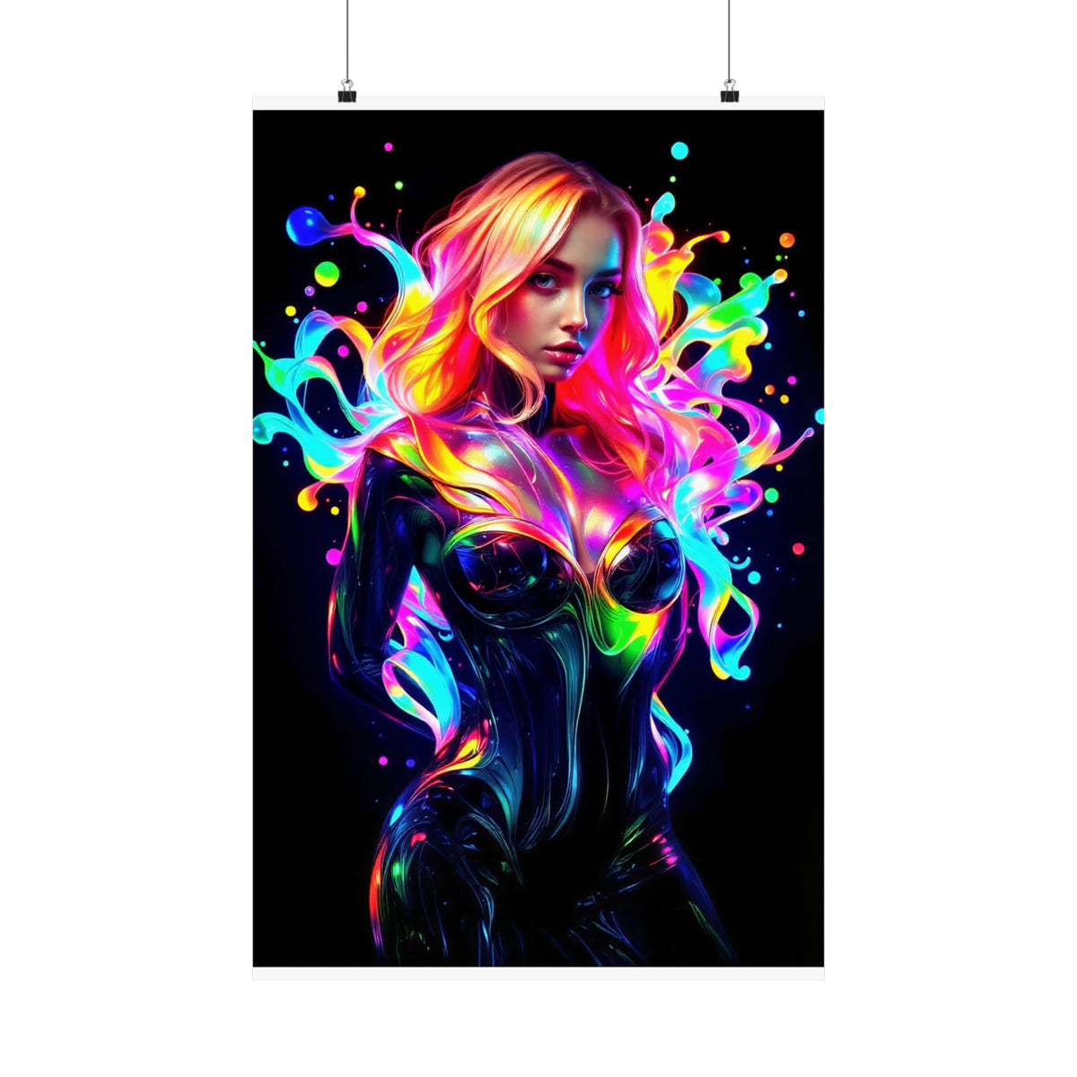 Neon Splash Rainbow Hair Woman Poster Matte Vertical Wall Art