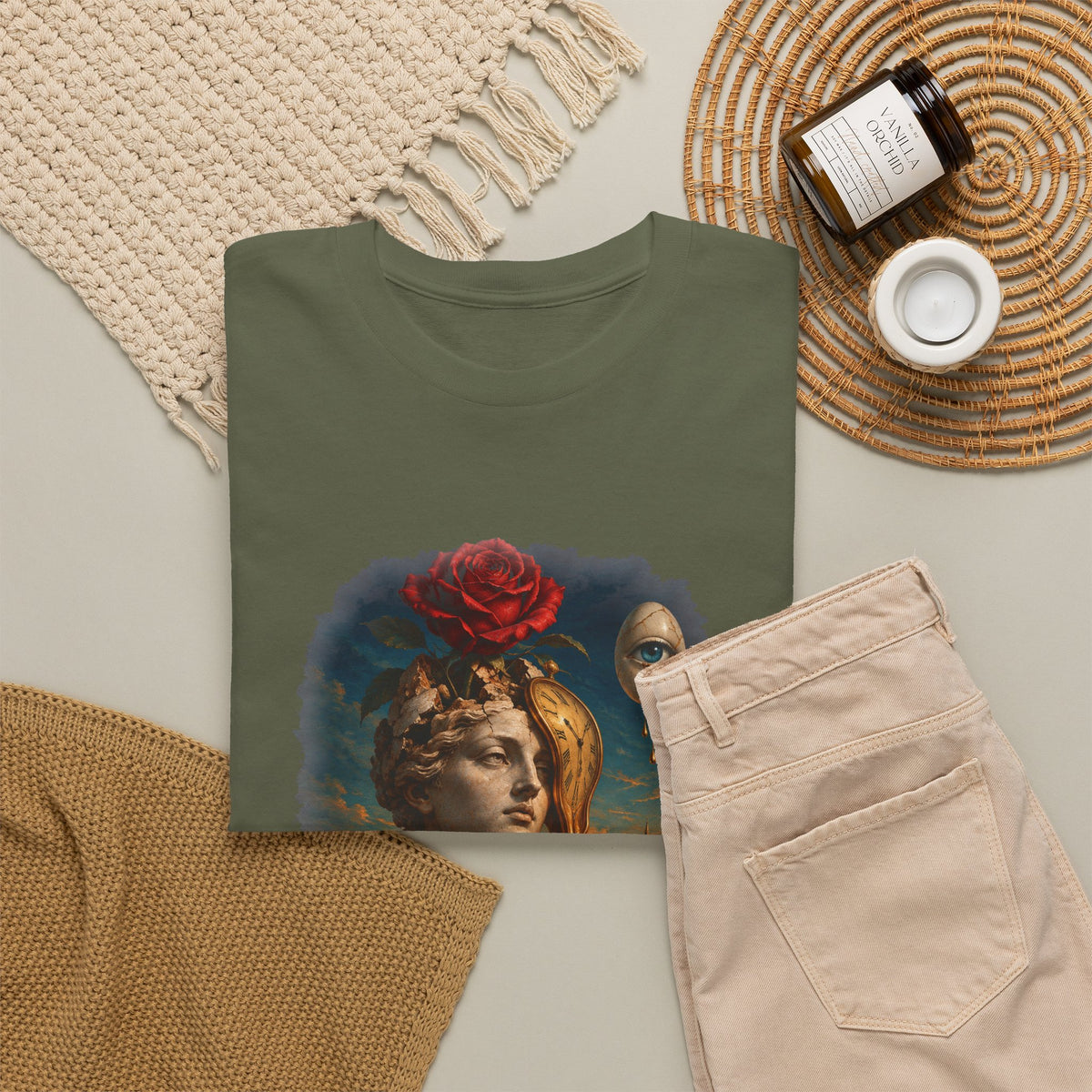 Surreal Rose Bust Melting Clock T-Shirt Dalí Style Desert Dream Tee
