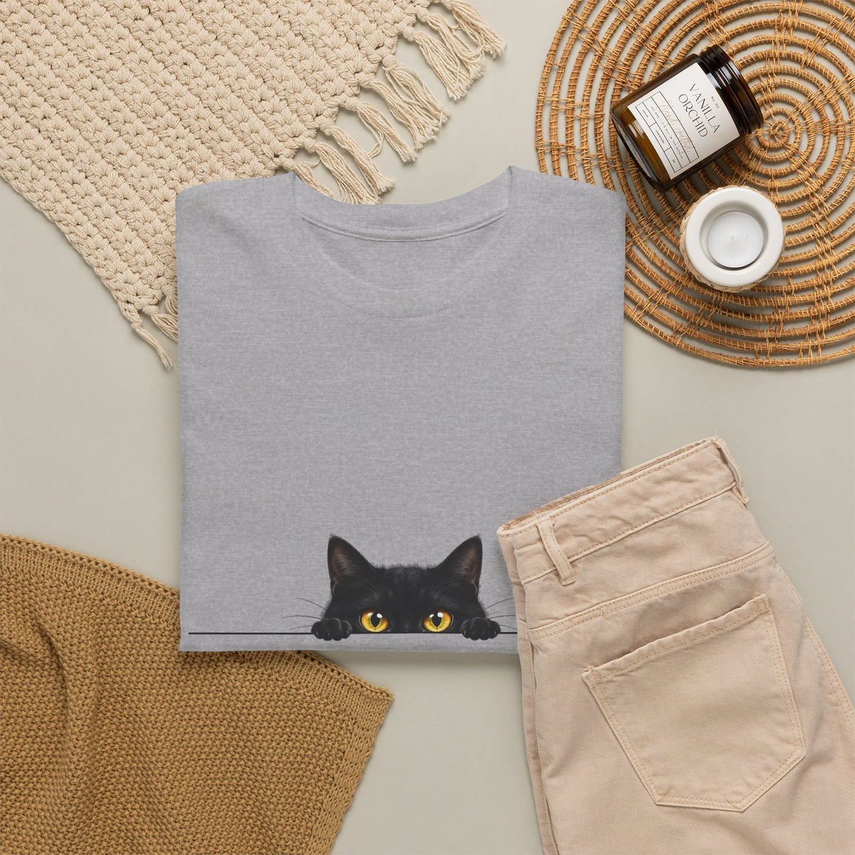 Peeking Black Cat T-Shirt Amber Eyes Over Ledge Funny Cat Lover Tee