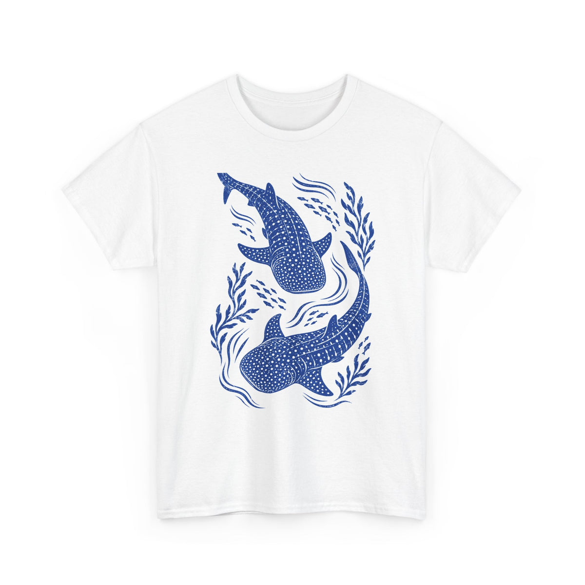 Whale Shark Linocut T-Shirt Blue Block Print Ocean Seaweed Fish Tee