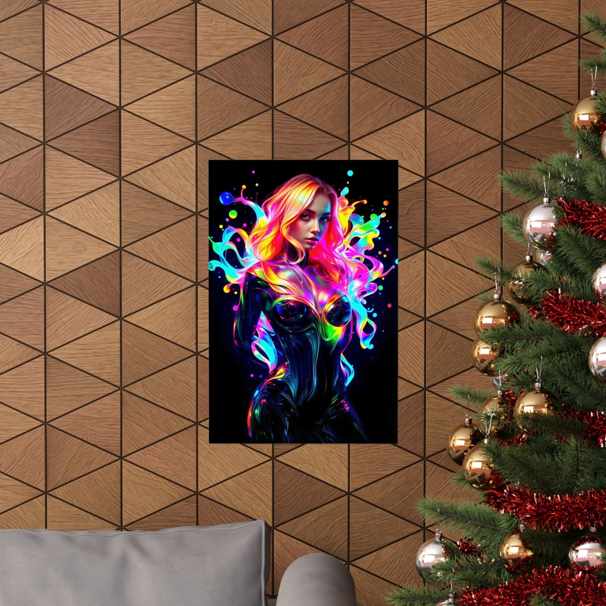 Neon Splash Rainbow Hair Woman Poster Matte Vertical Wall Art