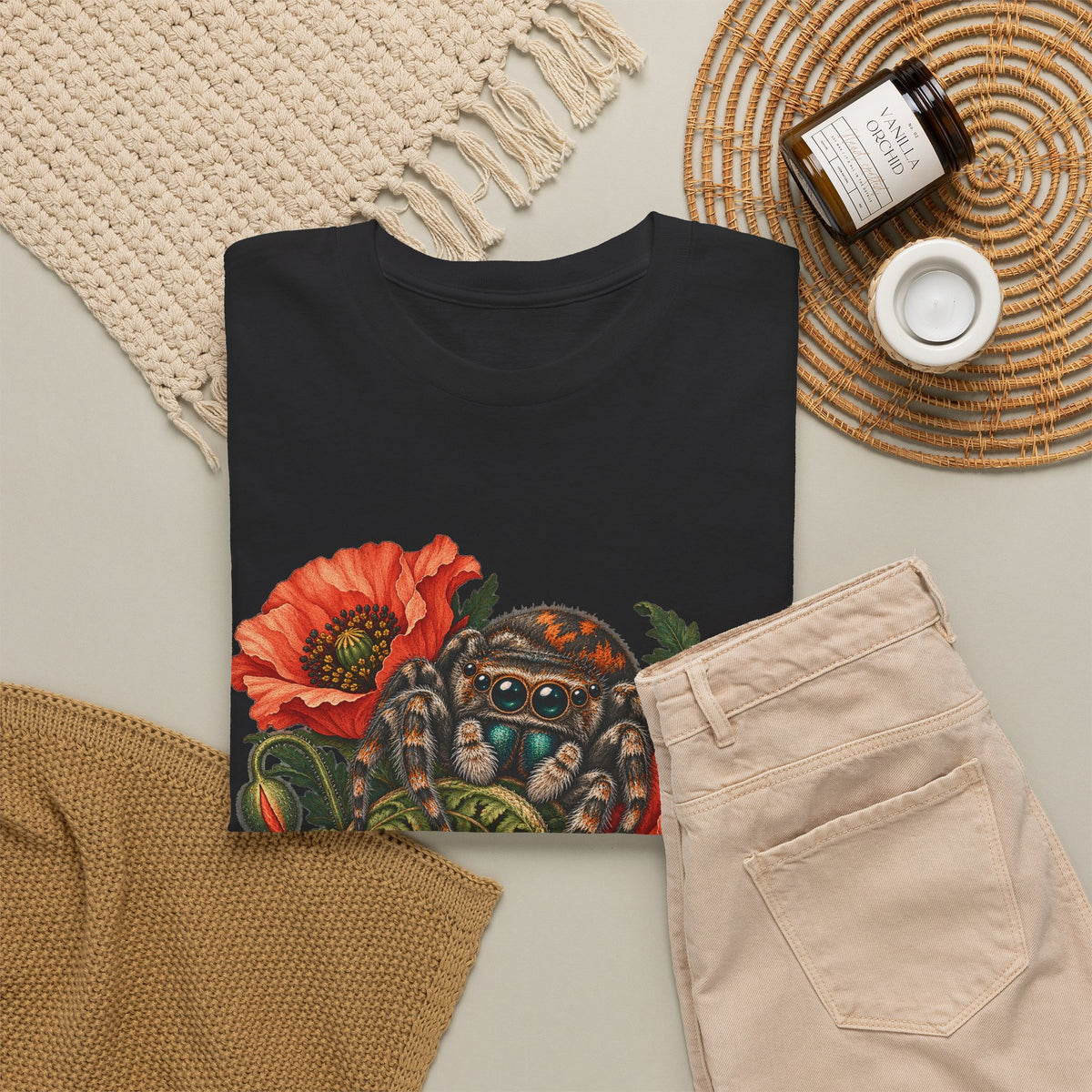 Jumping Spider Poppy Fern T-Shirt Botanical Arachnid Floral Tee