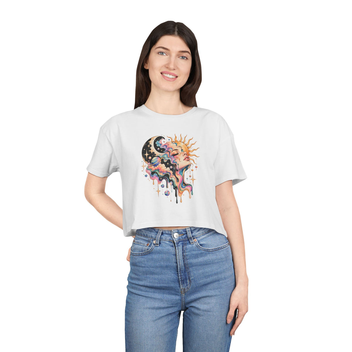 Celestial Sun and Moon Woman Crop Tee, Pastel Cloud Hair Melting Drip Planets Stars Women's Cropped T-Shirt