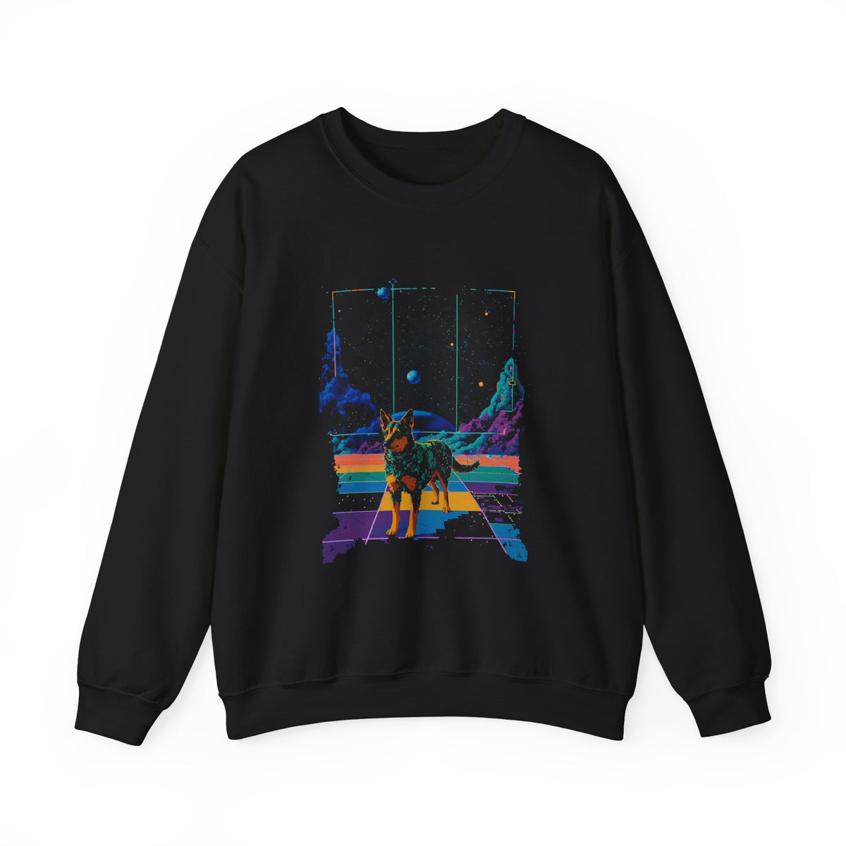 Retro Space Dog Sweatshirt, Distressed Synthwave Galaxy Puppy Crewneck, Rainbow Grid Cosmic Dog Pullover