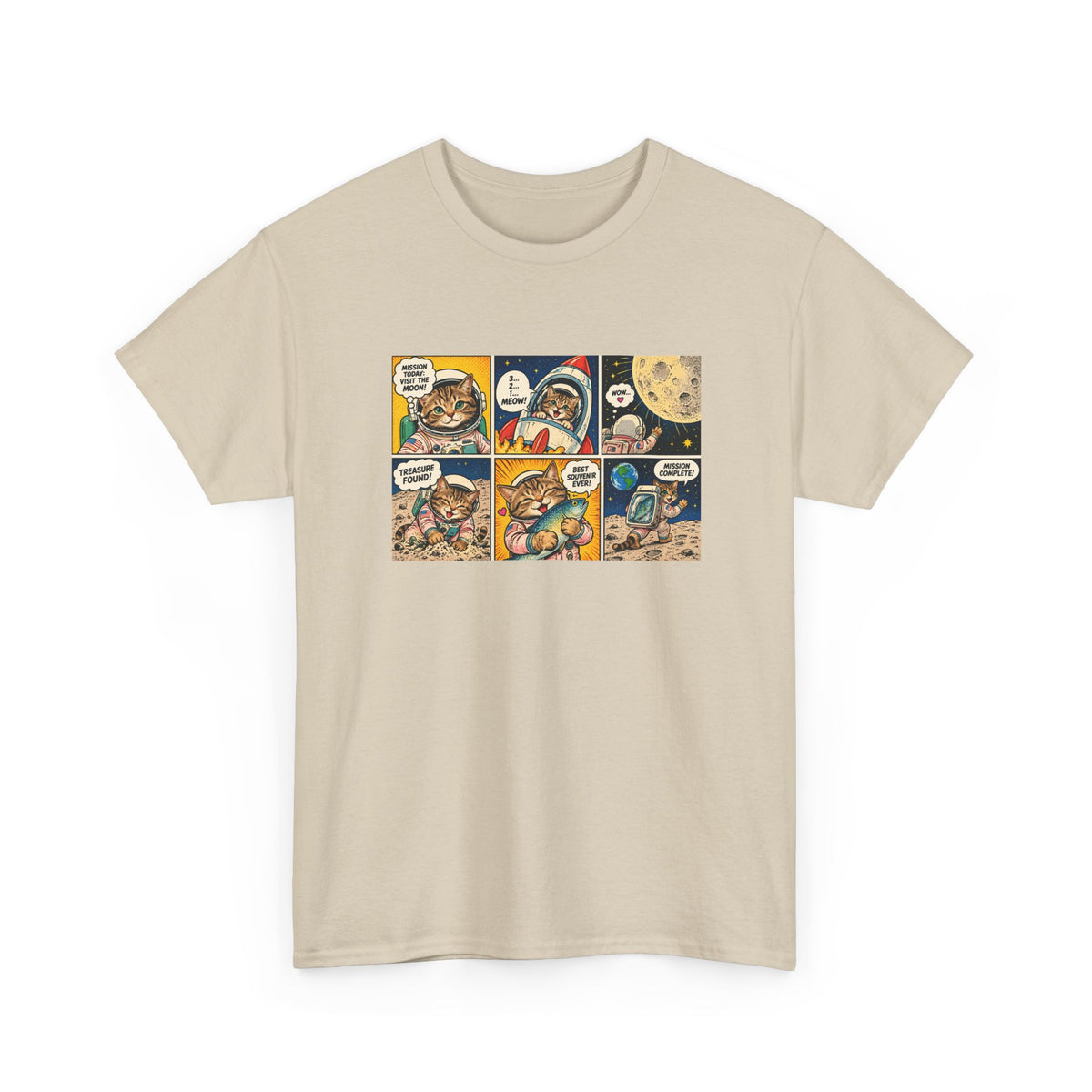 Astronaut Cat Comic T-Shirt, Space Cat Moon Mission Fish Funny Comic Strip Graphic Tee Unisex