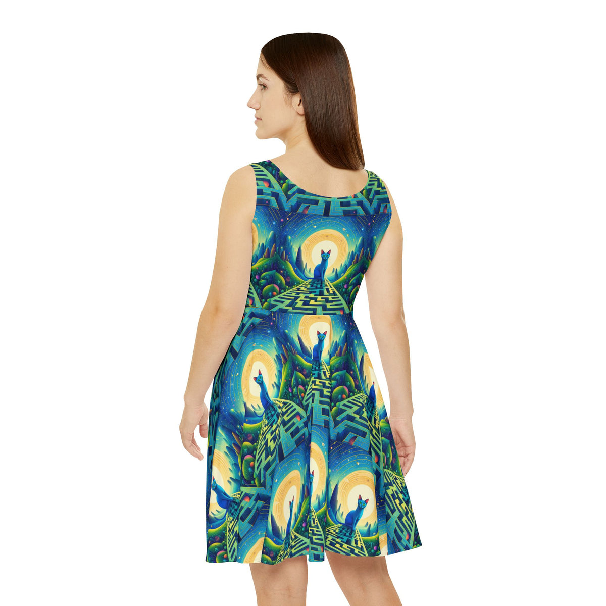 Blue Cat Full Moon Maze Skater Dress Womens All Over Print