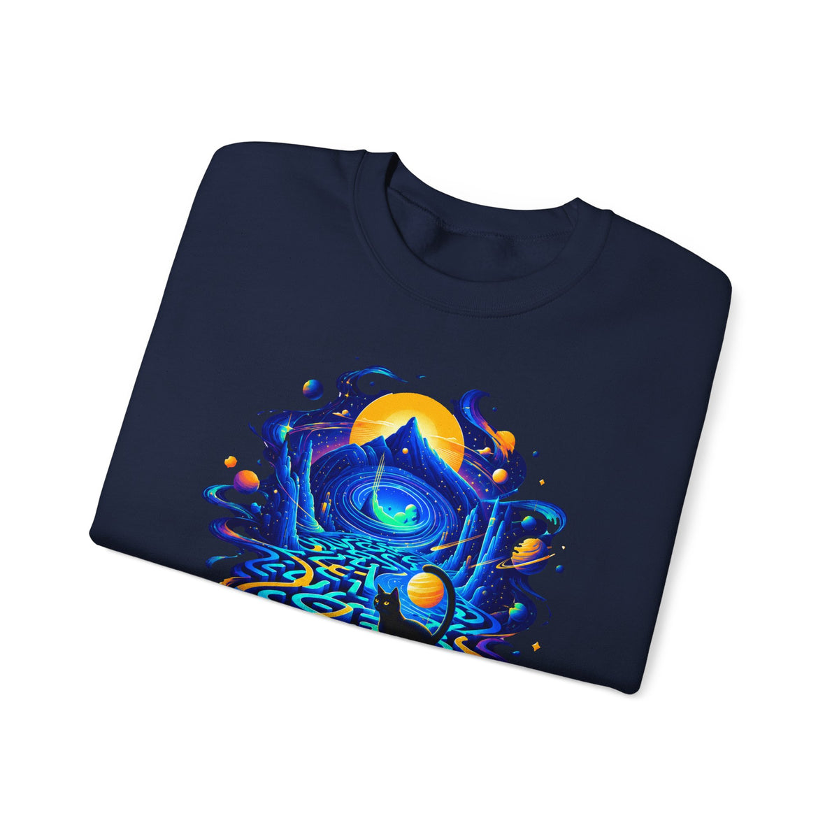 Cosmic Black Cat Maze Sweatshirt Celestial Galaxy Labyrinth Cat Lover Crewneck