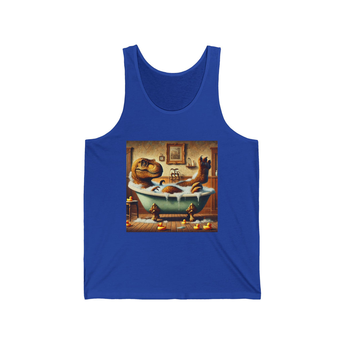 Funny T-Rex in Bubble Bath Graphic Tank Top Unisex Jersey Tank