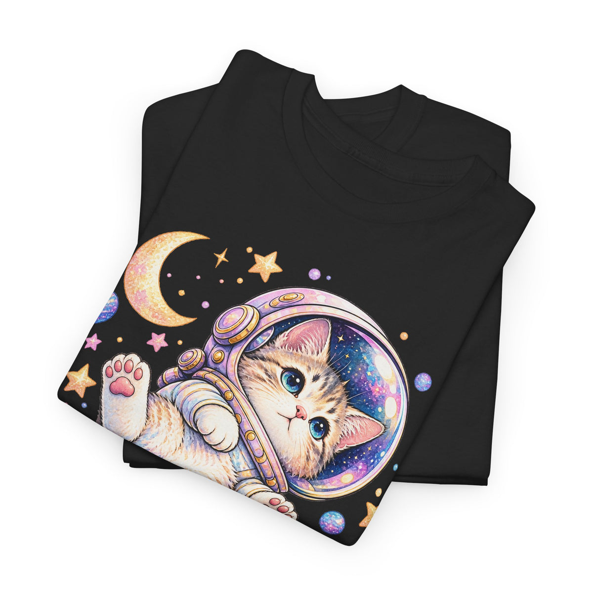 Astronaut Kitten T-Shirt, Cute Pastel Space Cat Helmet Moon Planets Stars Graphic Tee Unisex