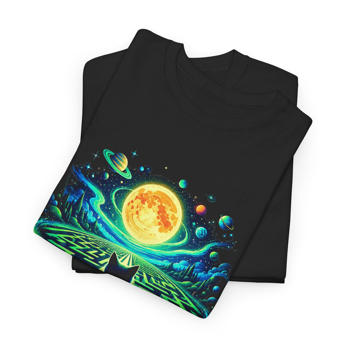 Black Cat Neon Maze T-Shirt Gold Moon Planets Celestial Cat Art