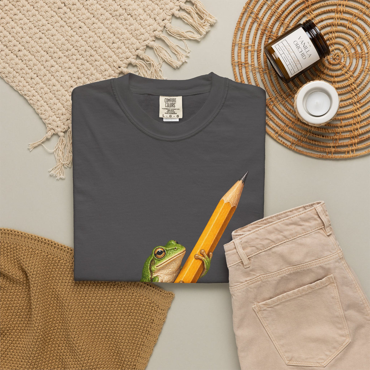 Green Tree Frog on Yellow Pencil Tee Cute Frog Pencil Macro Wildlife Shirt