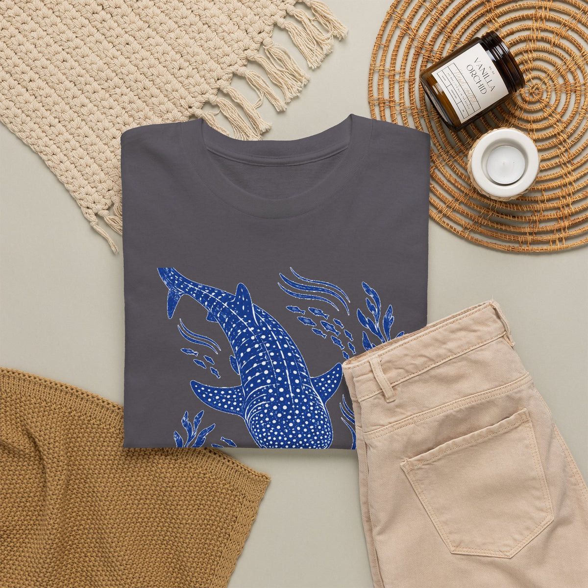 Whale Shark Linocut T-Shirt Blue Block Print Ocean Seaweed Fish Tee
