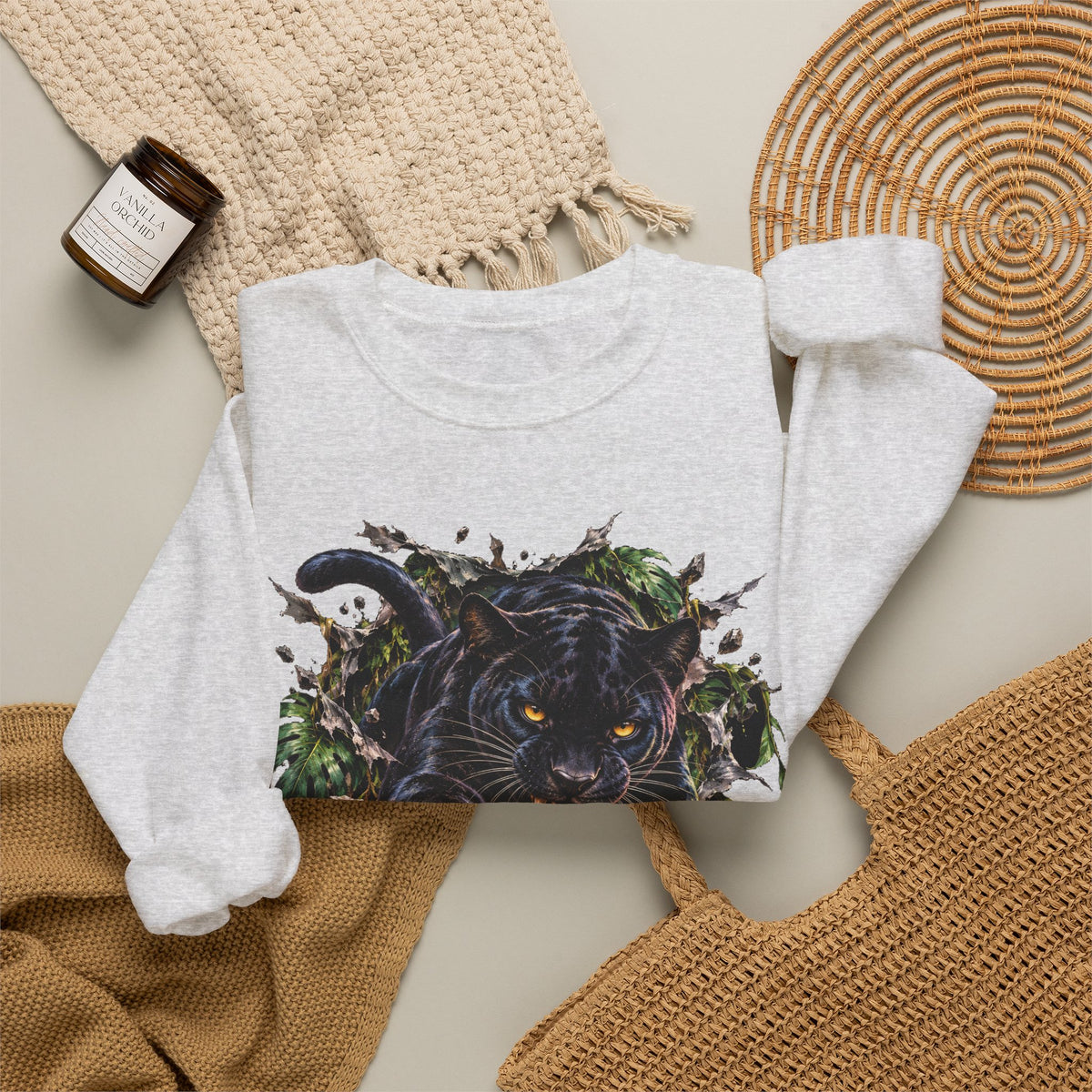 Black Jaguar Sweatshirt Snarling Big Cat Jungle Leaves Crewneck