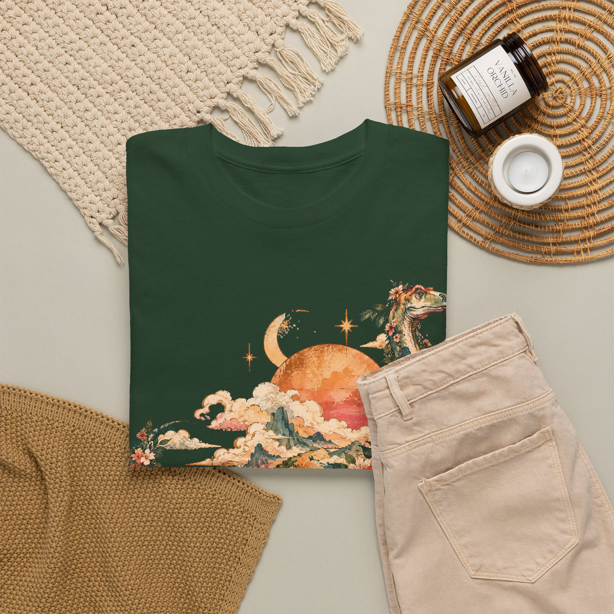Floral Dinosaur T-Shirt, Vintage Brontosaurus Sunset Mountains Graphic Tee Unisex Nature Shirt
