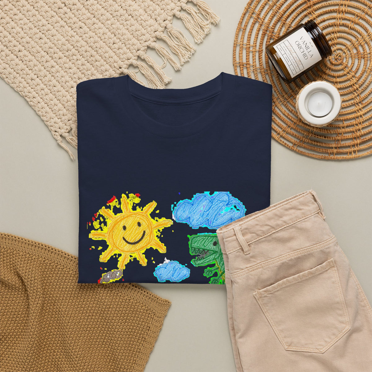 Kids Crayon Drawing T-Shirt Dinosaur Dog Sun House Cute Childlike Art Tee